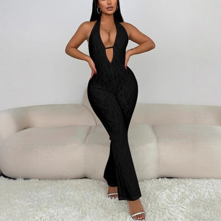 Damen eleganter Jumpsuit mit tiefem V-Ausschnitt und Spitzendetails EB