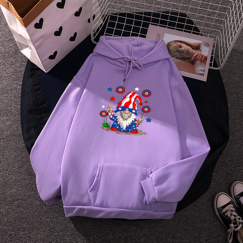 Damen nan Kapuzenpullover mit patriotischem Gartenzwerg-Print, angerautem Fleece-Innenfutter, Oversize-Schnitt und Kängurutasche EB