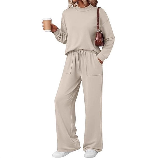 Damen Loungewear-Zweiteiler aus weichem Jersey mit Rundhalsausschnitt und weitem Kordelzug-Hose EB