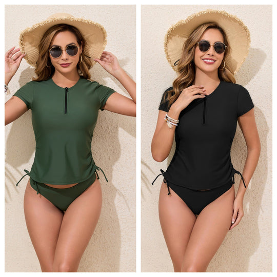 Damen Sportliches Rashguard-Bikini-Set mit verstellbaren Seiten EB