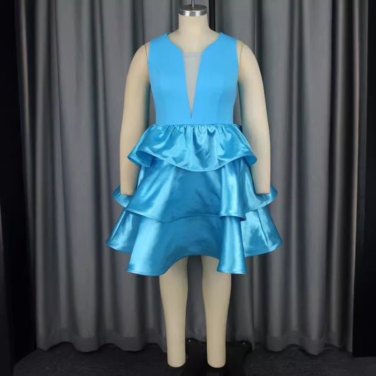 Damen Festliches Schwingendes Kleid mit Volant und Transparente Einsätze EB