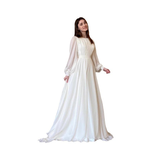 Damen Maxi-Party Kleid mit langen fließenden Ärmeln und Spitzenakzenten EB