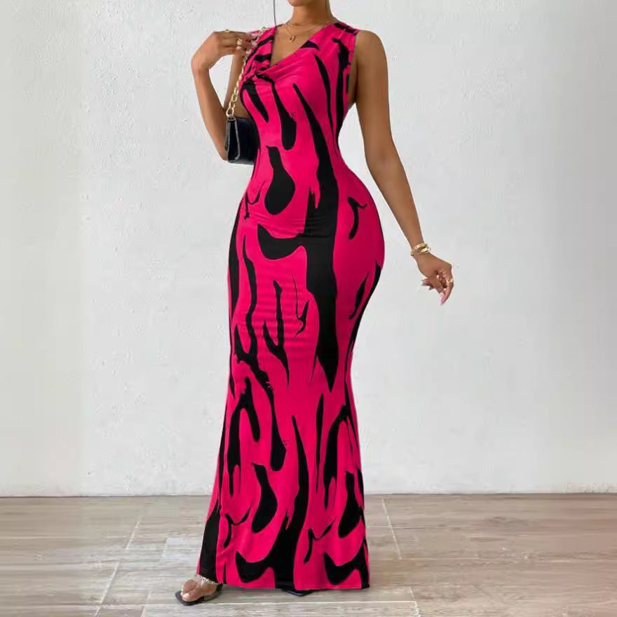 Damen Figurbetontes Maxikleid mit attraktivem Muster und elegantem V-Ausschnitt EB