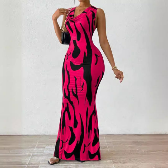 Damen Figurbetontes Maxikleid mit attraktivem Muster und elegantem V-Ausschnitt EB