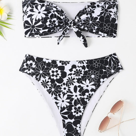 Damen Bandeau Bikini mit modischem Blumenmuster und verspieltem Knotendetail EB