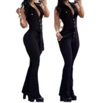 Damen Eleganter einfarbiger Overall mit tailliertem Schnitt und breiten Beinen EB