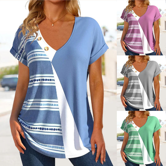 Damen V-Ausschnitt T-Shirt mit einzigartigem geometrischem Design und Knopfdetails EB