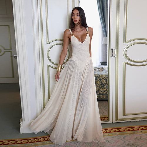 Damen Stilvolles Maxikleid mit transparentem Rock und elegantem V-Ausschnitt EB