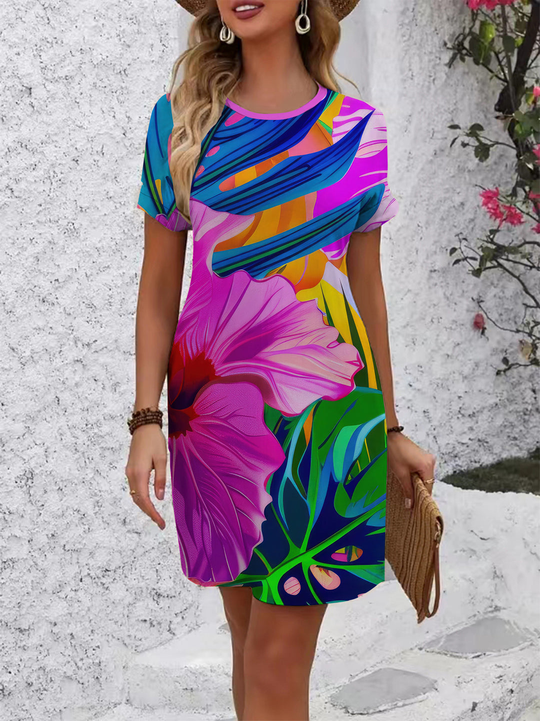 Damen lässiges T-Shirt Kleid mit buntem Blumenmuster und bequemem Schnitt EB