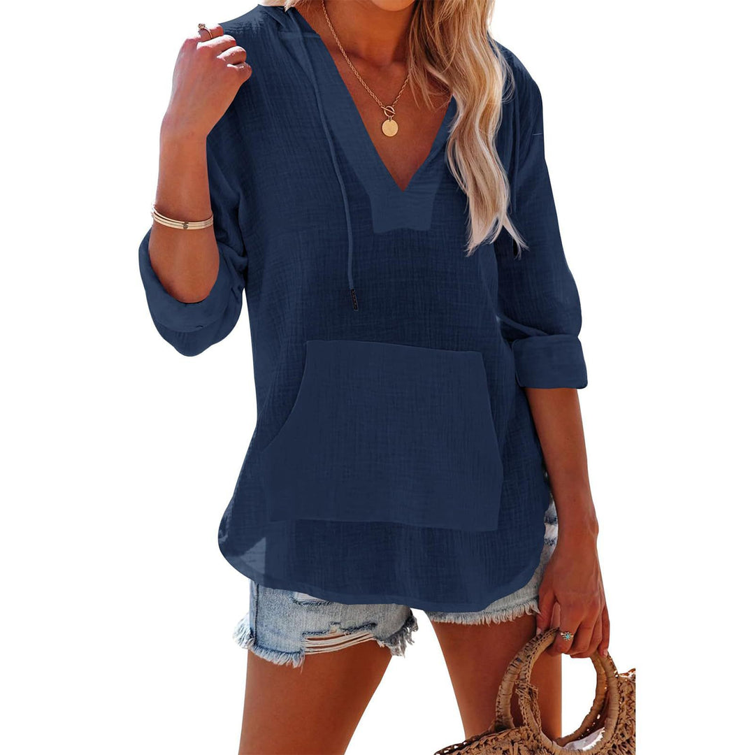 Damen lässiges Hoodie mit V-Ausschnitt und praktischer Kängurutasche EB