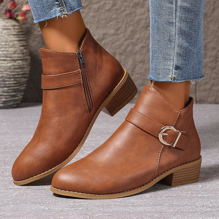Damen modische Schnürstiefeletten mit dekorativem Riemen und robustem Reißverschluss EB