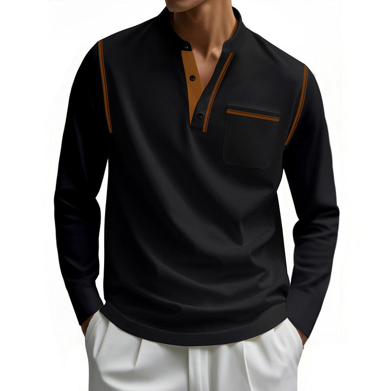 Herren nan Henley-Langarmshirt mit Stehkragen, Brusttasche und kontrastierenden Ziernähten EB