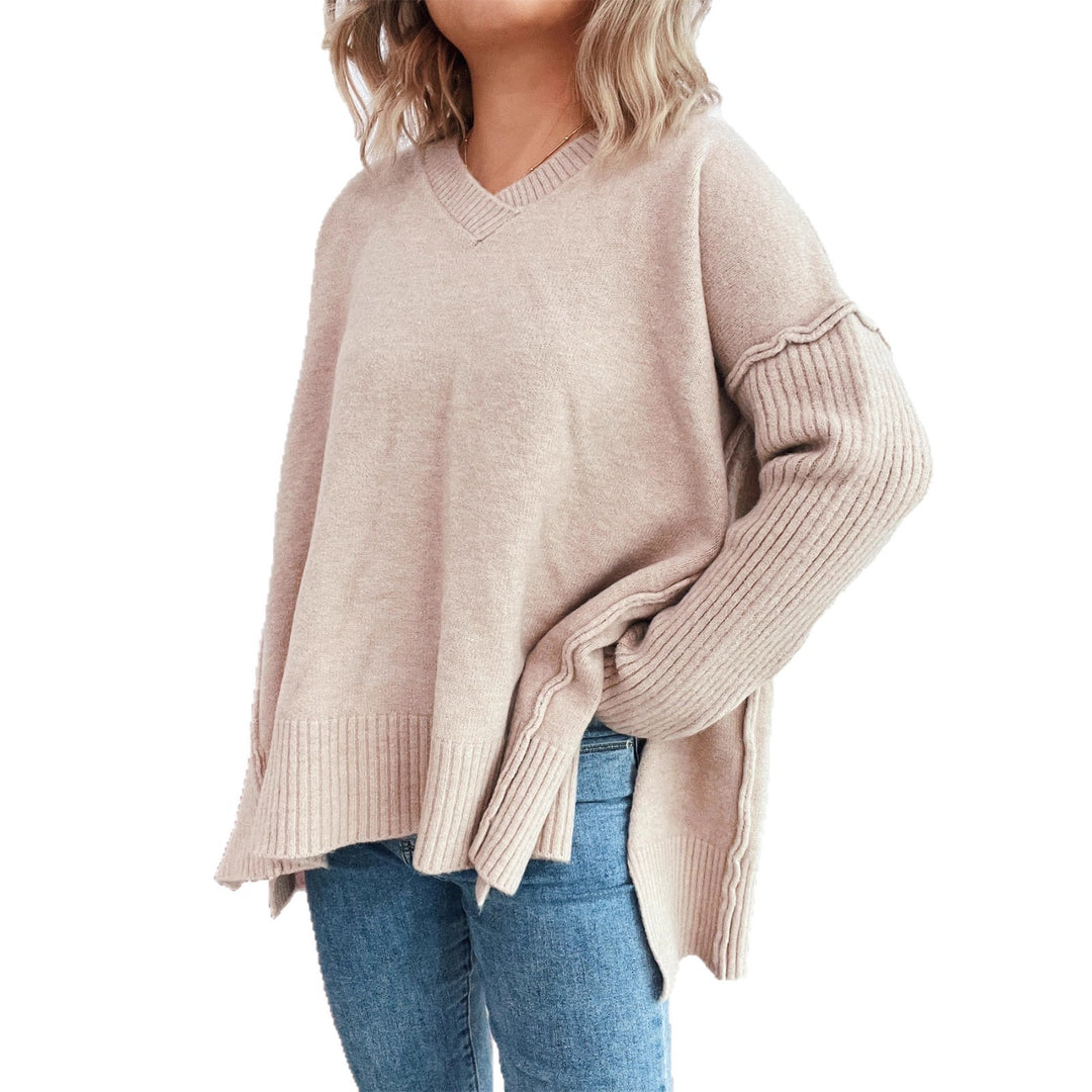 Damen lässiger V-Ausschnitt Pullover mit stylishen Rippdetails EB