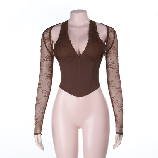 Damen eleganter Body mit Spitzendetails und tiefem V-Ausschnitt EB