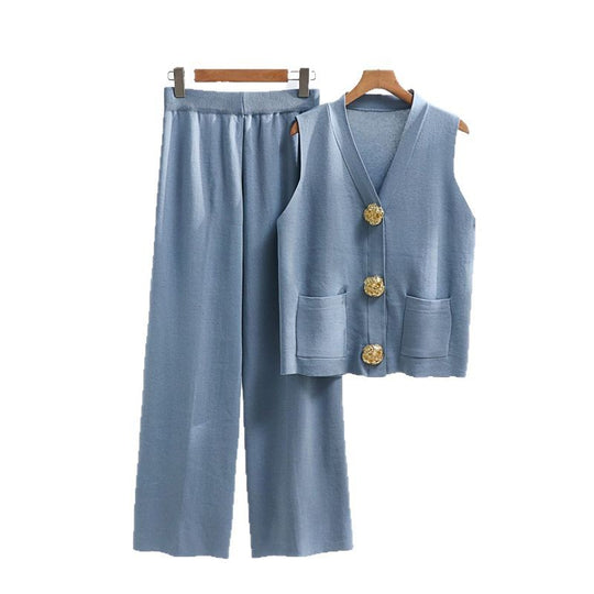 Damen elegantes Strick-Loungewear-Set mit Knopfdetaillierung EB