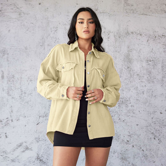 Damen Denim Bluse mit lässigem Schnitt und dekorativen Fransen EB