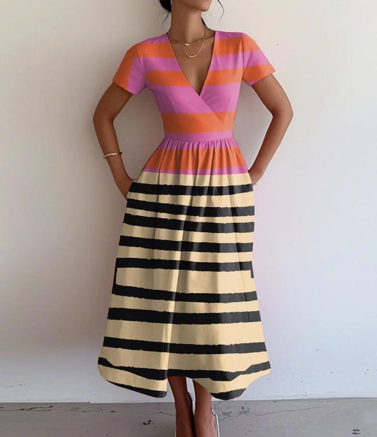 Damen Maxikleid mit tiefem V-Ausschnitt und modischem Streifenmuster EB