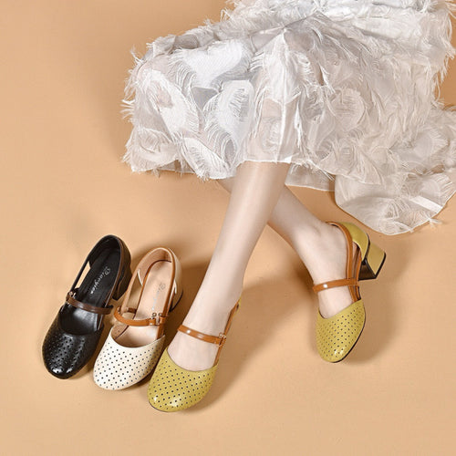 Damen Elegante Mary Jane Pumps mit modischem Blockabsatz und perforierten Details EB
