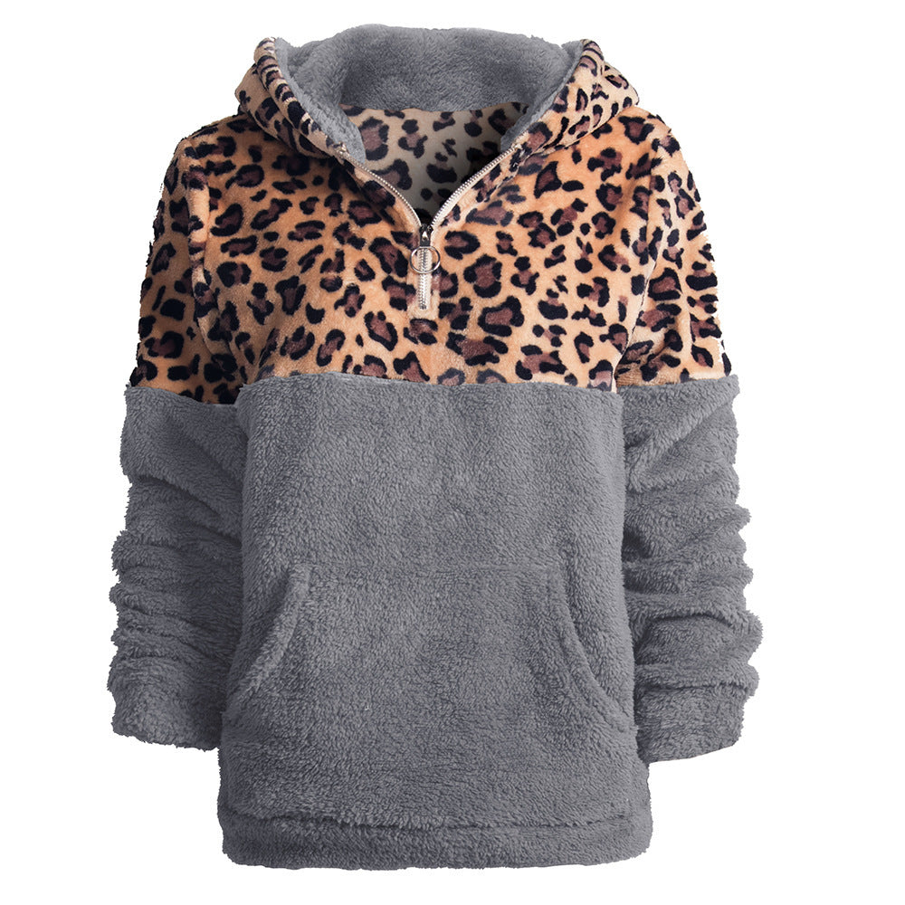 Damen kuscheliger Kapuzenpullover mit aufregendem Leopardenmuster und Kängurutasche EB