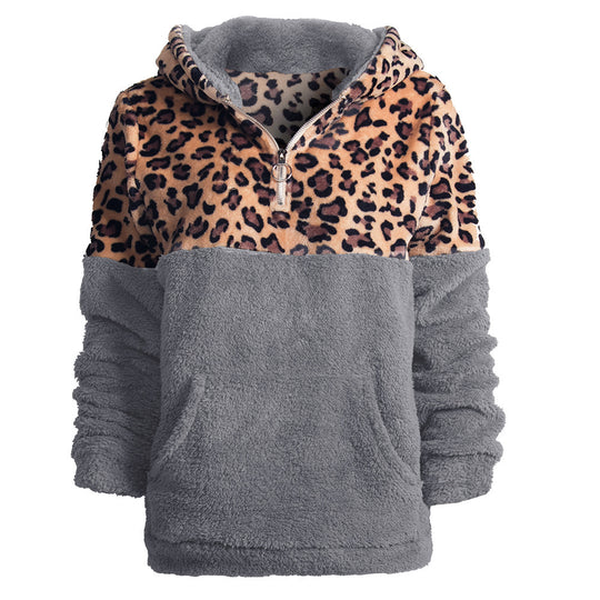 Damen kuscheliger Kapuzenpullover mit aufregendem Leopardenmuster und Kängurutasche EB
