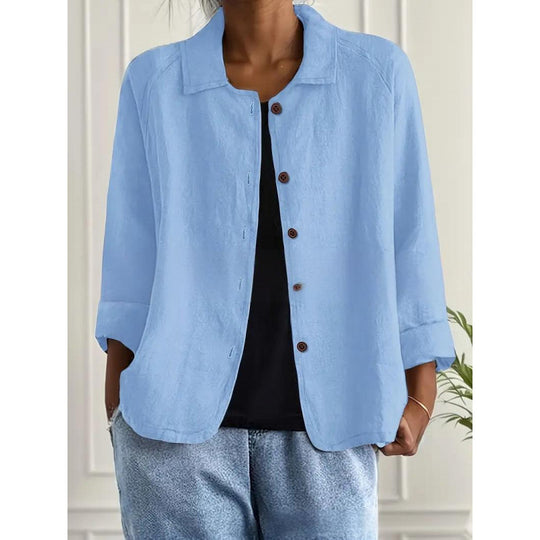 Damen Leichte Leinenoptik-Bluse mit lockerer Passform, 3/4-Ärmeln und Knopfleiste EB