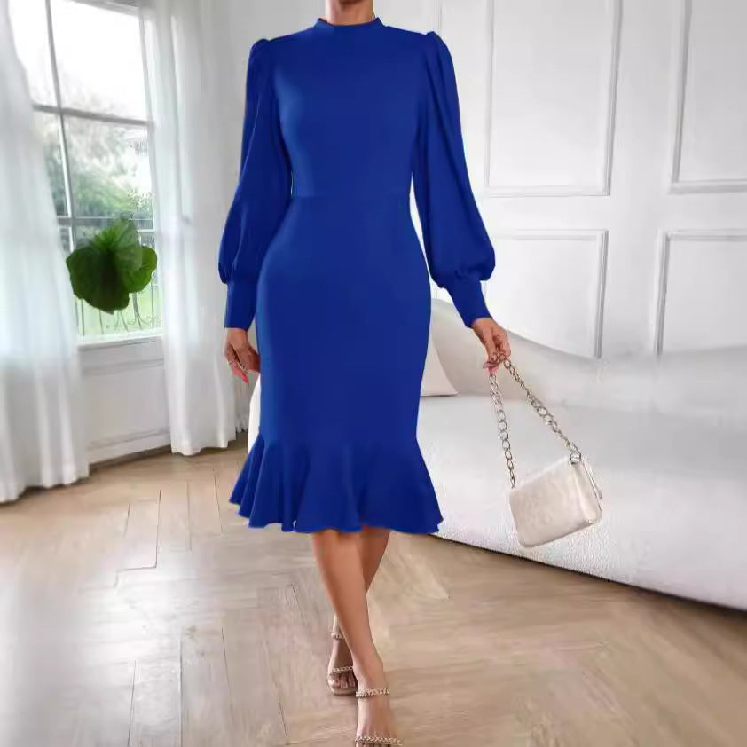 Damen nan tailliertes Pencil-Midikleid mit Stehkragen, ballonärmeln und Glockenvolant EB