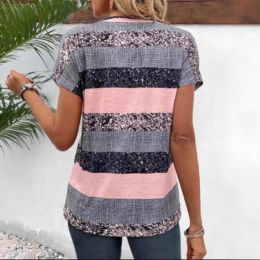 Damen nan gestreiftes Viskosemix-Relaxshirt mit V-Ausschnitt, Krempelärmeln und dekorativer Knopfleiste EB