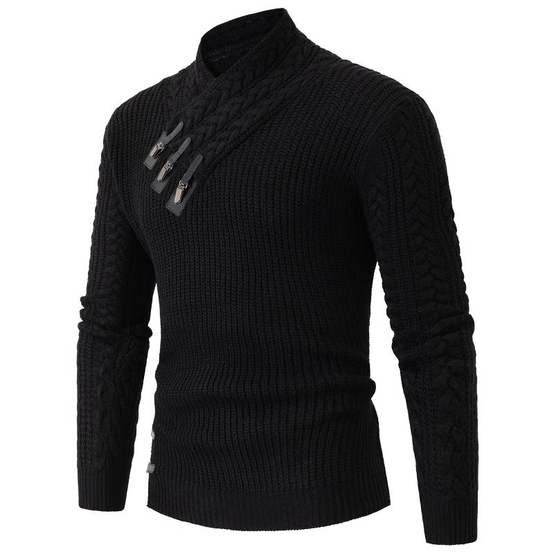 Herren nan Strickpullover mit Schalkragen, Zopfmuster und markanten Schnallenverschlüssen EB