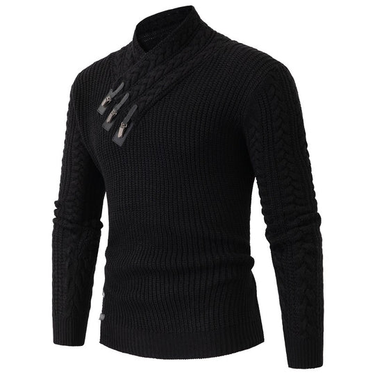Herren nan Strickpullover mit Schalkragen, Zopfmuster und markanten Schnallenverschlüssen EB