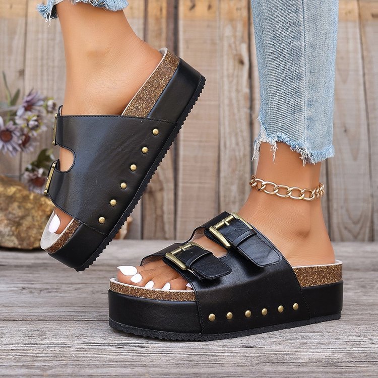 Damen Komfortable Wedge-Pantoletten mit verstellbarem Riemendesign und dekorativen Schnallen EB