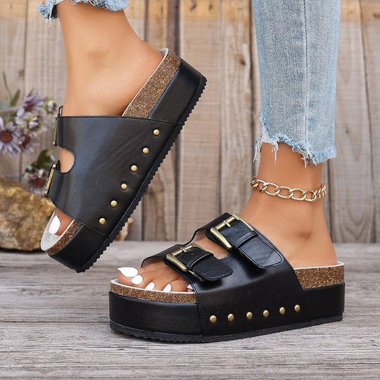 Damen Komfortable Wedge-Pantoletten mit verstellbarem Riemendesign und dekorativen Schnallen EB