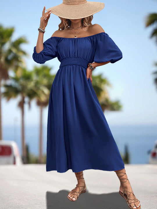 Damen Off-Shoulder Midi-Kleid mit elastischem Bund und voluminösen Ärmeln EB
