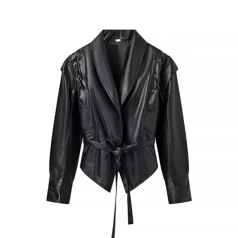 Damen elegante Kunstlederjacke mit modischen Schnürdetails EB