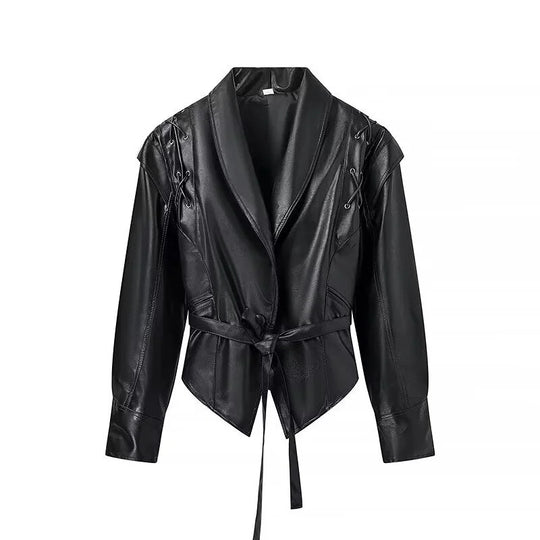 Damen elegante Kunstlederjacke mit modischen Schnürdetails EB