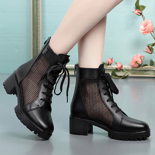 Damen Trendige Schnür-Stiefeletten mit Mesh-Einsatz und robustem Blockabsatz EB