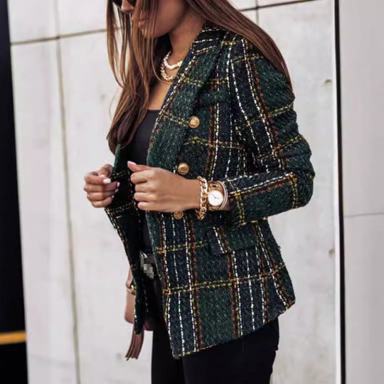 Damen nan eleganter Tweed-Blazer mit Doppelknopf, strukturierter Webung und aufgesetzten Taschen EB