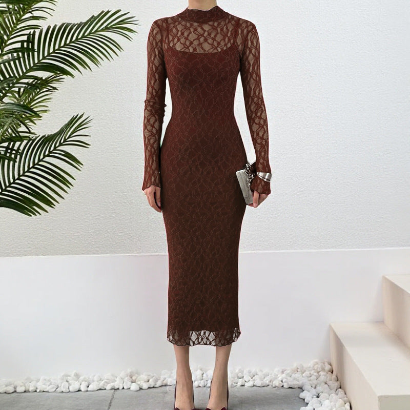 Damen Maxikleid aus transparenter Spitze mit eleganten Rüschendetails EB