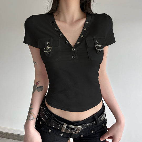 Damen Kurzarm Shirt mit dekorativem V-Ausschnitt und praktischem Taschen-Design EB