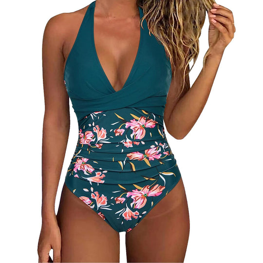 Damen Einteiler Badeanzug mit floralem Wickel-Design und verstellbaren Trägern EB