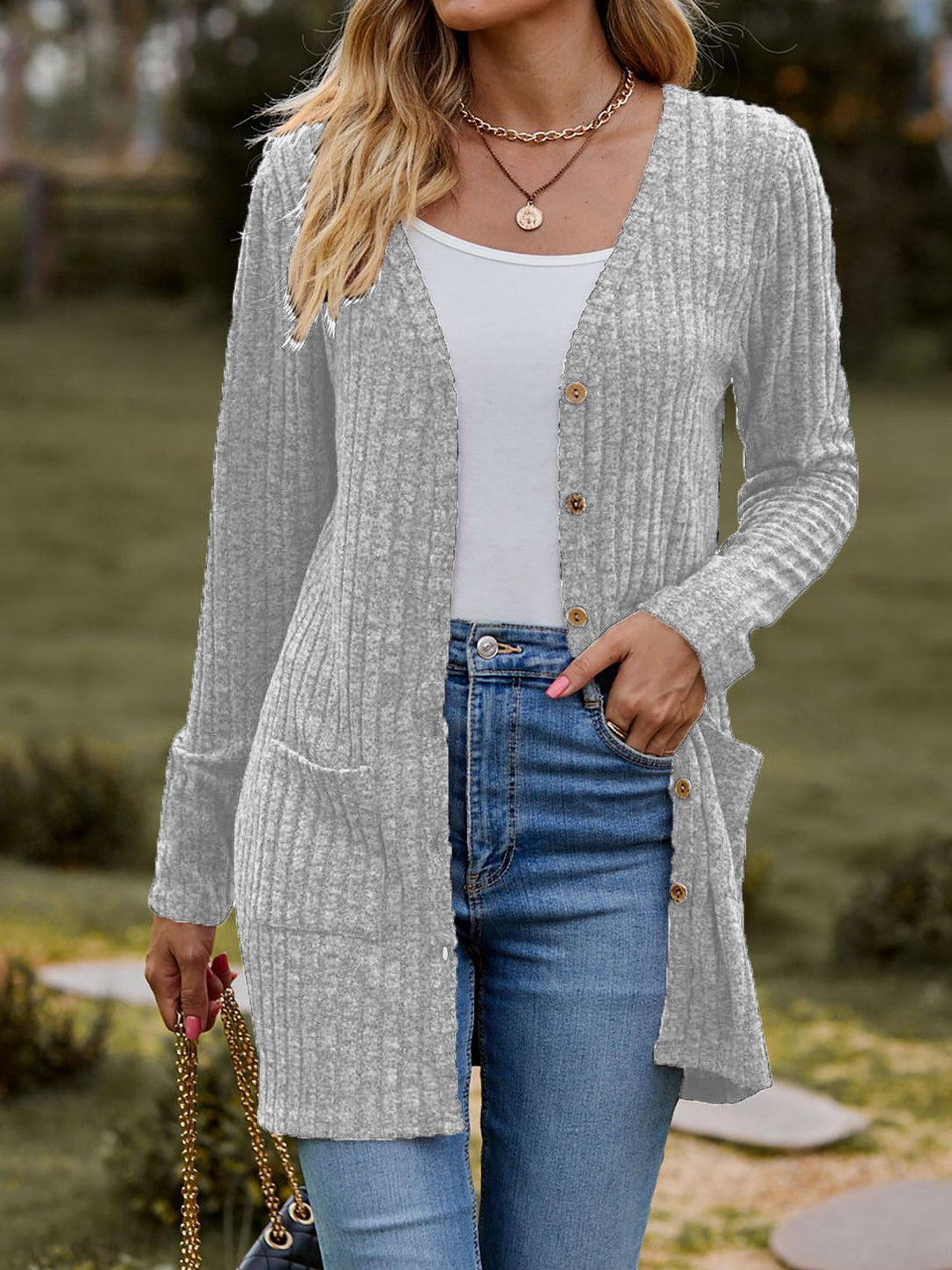 Damen nan langer gerippter Strickcardigan mit Eingrifftaschen und Holzknöpfen EB
