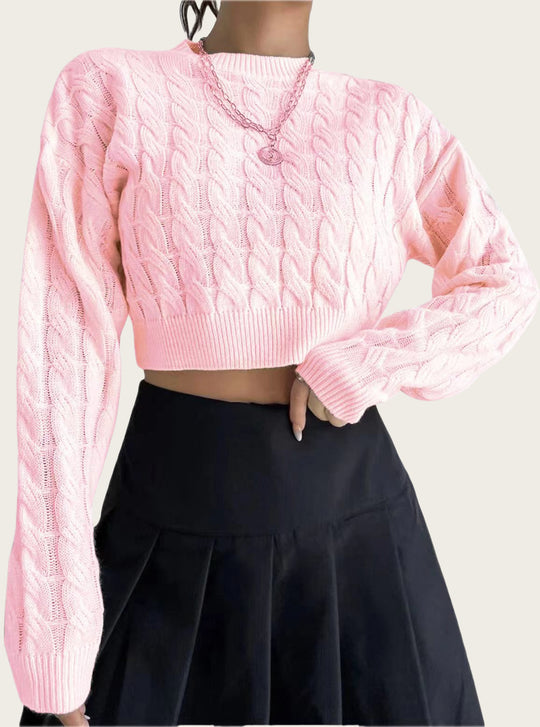 Damen kuscheliger Cropped Pullover mit Zopfmuster EB