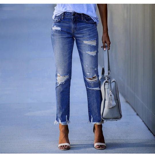 Damen Ripped Jeans im modernen Vintage-Look mit fransigen Säumen EB
