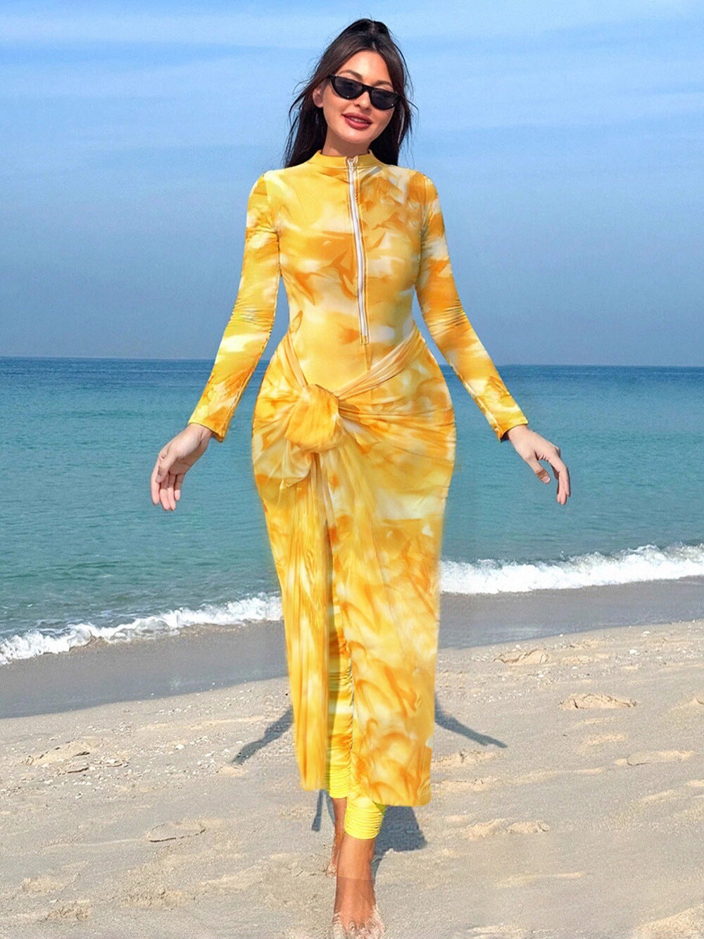 Damen Modischer Strandanzug mit langem Arm und Wickeldetail EB
