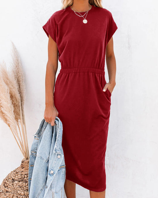 Damen Entspanntes Midikleid mit elastischem Taillenzug und Seitentaschen EB