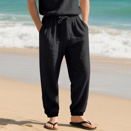 Herren nan leichte Leinenmix-Loungehose mit Tunnelzugbund, Seitentaschen und elastischen Beinabschlüssen EB
