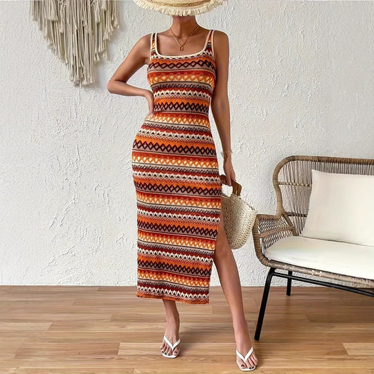 Damen Maxikleid mit geometrischem Muster und seitlichem Schlitz EB