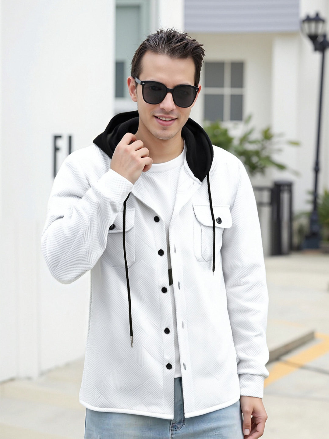 Herren modische Hybrid-Jacke mit abnehmbarer Kapuze und praktischen Taschen EB