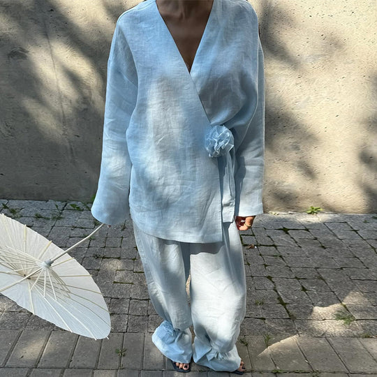 Damen eleganter Leinenanzug mit raffinierten Rüschen EB