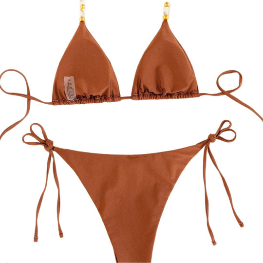 Damen Triangel-Bikini mit verstellbaren Trägern und dekorativen Perlen EB