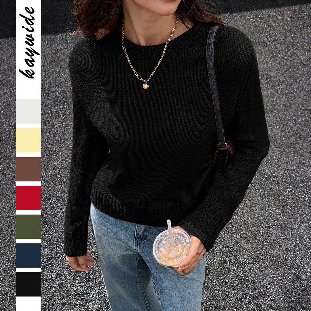 Damen nan gestrickter Feinstrick-Pullover mit Rundhalsausschnitt, leichter Oversize-Passform und gerippten Bündchen EB